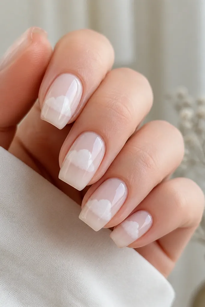 Short acrylic coffin nails with a milky base; each nail has soft white "cloud" puffs near the center, with a glossy finish.