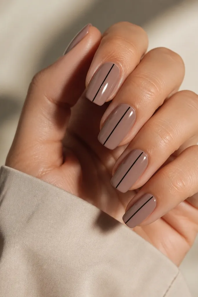Short coffin nails in smoky taupe nude; each nail has a single thin black line running vertically from near the cuticle toward the tip, glossy finish.