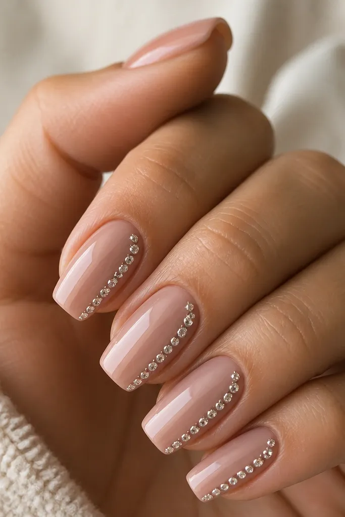 Short nude pink coffin nails with a line of small clear crystals along one side of each nail; crystals are sealed under a glossy topcoat.