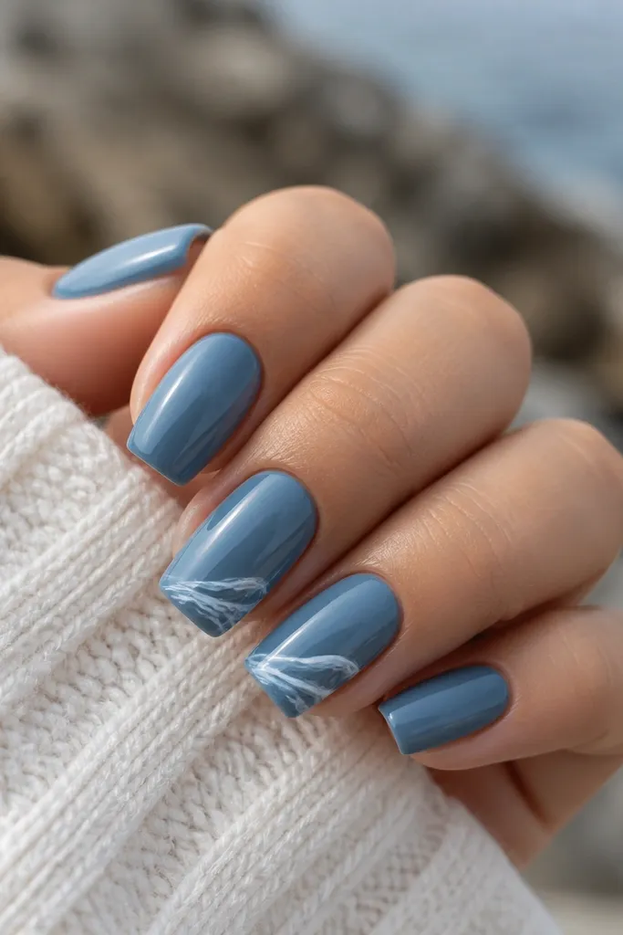 Short acrylic coffin nails in ocean blue; two nails have tiny white wave lines near the tips, all glossy.