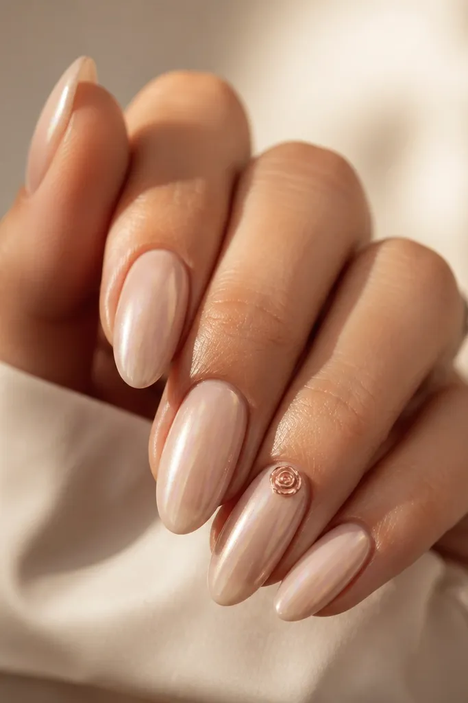 Short pearl nude acrylic coffin nails with a subtle shimmer; one nail on each hand has a small rose gold rose stud near the center.