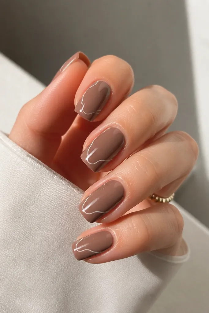 Short coffin nails in mocha brown nude; each nail has thin white swirl liner lines near the sidewalls and tips.