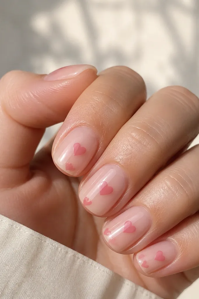 Short clear jelly-looking base nails; small pink heart decals or hand-painted hearts sit near the center and near the tips; glossy finish.