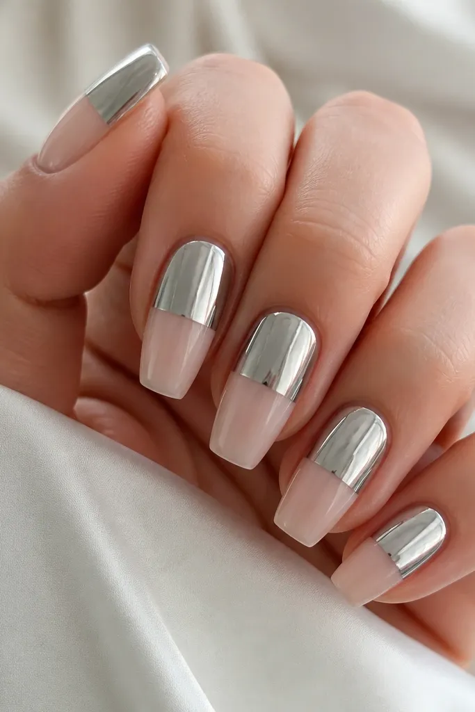 Short acrylic coffin nails with a nude base; the top half of each nail is coated in shiny silver chrome that stops cleanly at mid-nail.