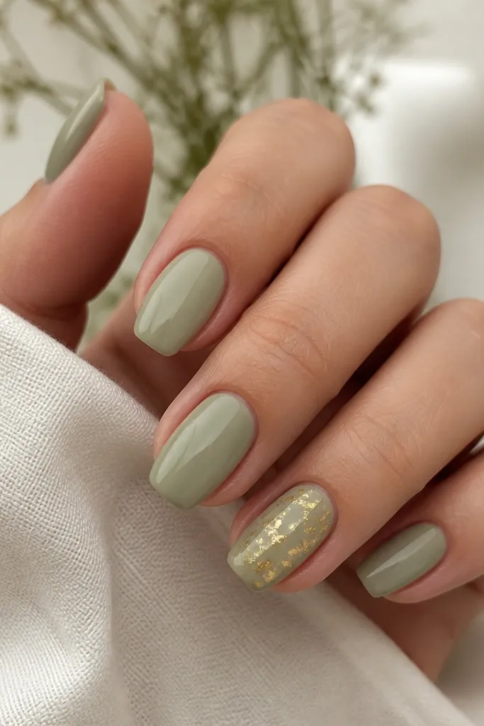 Short coffin nails in soft green tea nude; gold foil flecks are scattered on two nails; glossy finish.