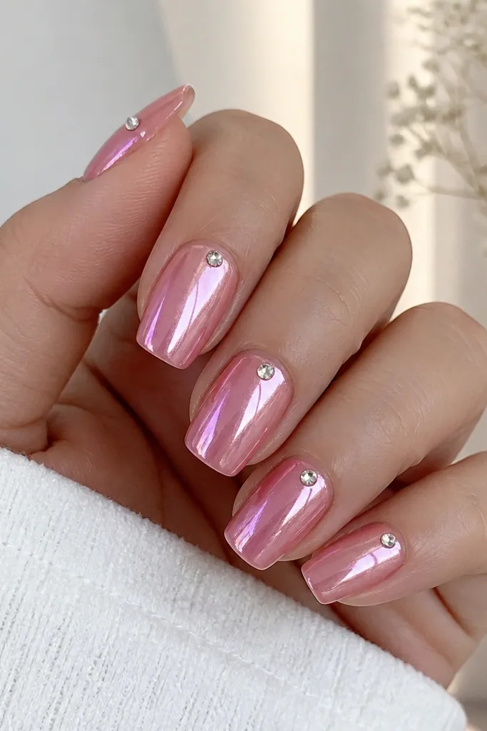 Short acrylic coffin nails in glossy pink chrome; each nail has a clear crystal placed at the upper corner near the sidewall; glossy finish.