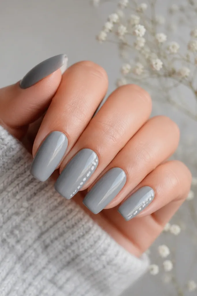 Short coffin nails painted soft gray; a thin white dot trail curves from mid-nail toward the tip on two accent nails; glossy finish.