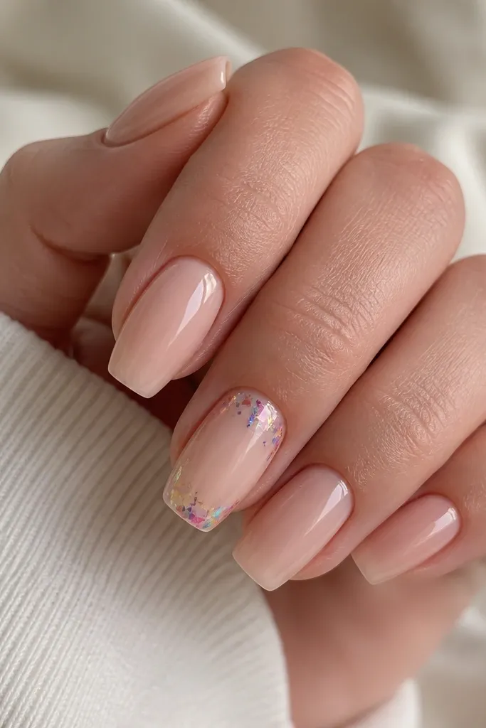 Short nude coffin nails with a glossy finish; tiny rainbow foil flakes appear on one accent nail near the cuticle and tip.