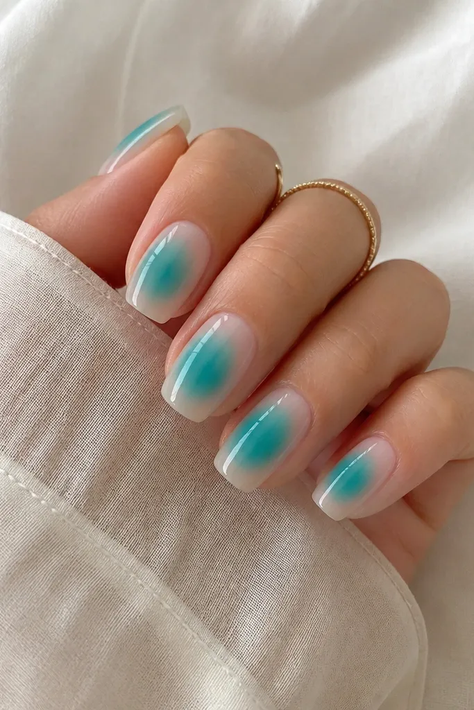 Short coffin nails with a sheer nude base; teal aura glow radiates from the center toward the tips like a soft halo; glossy topcoat.