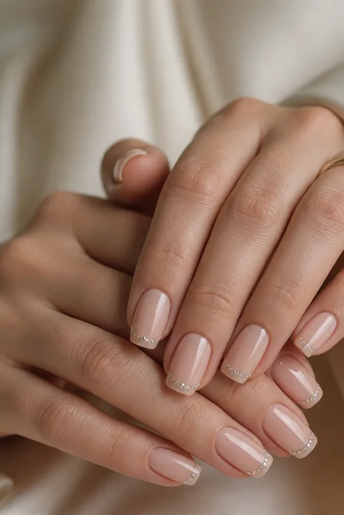 Short classic nude coffin nails with a single micro gem row near the tip on each nail; gems are tiny and clear; glossy finish.