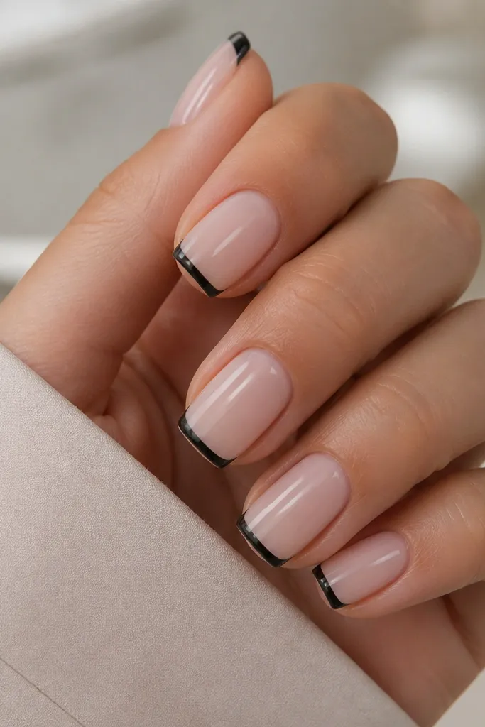 A close-up of short acrylic coffin nails on a hand. The nails are milky nude with a thin black French tip that is only a few millimeters wide, keeping the rest of the nail sheer and glossy.