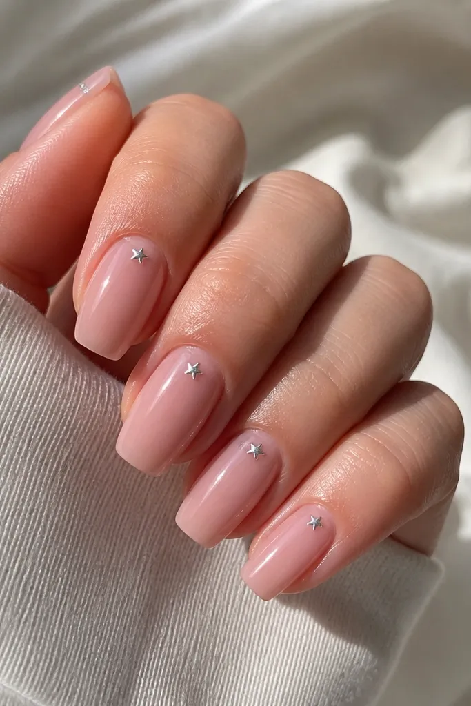 Short coffin nails in sheer pink. Each nail has a small silver star cluster near the cuticle area, with one nail showing two tiny stars and others showing one star.