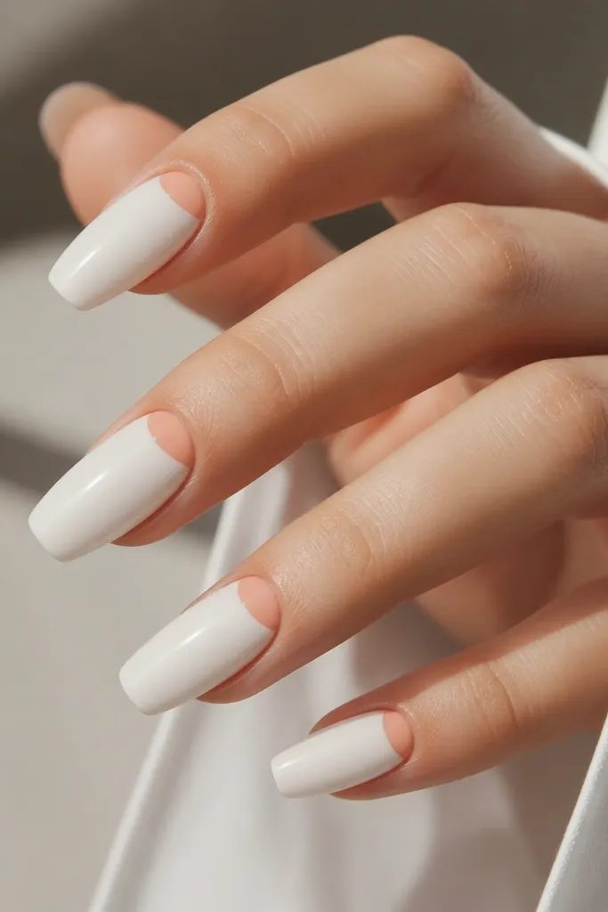 Short coffin nails painted creamy white. The cuticle area has smooth peach half-moons, each half-moon centered and slightly curved, with glossy shine.