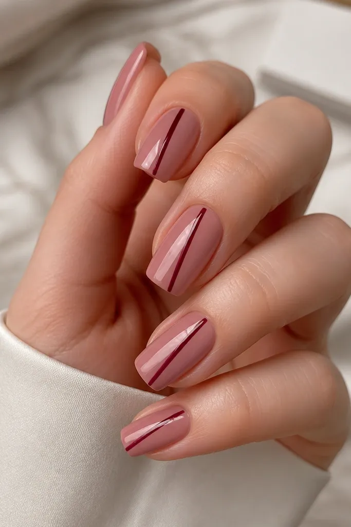 Short coffin nails in nude rose. Each nail has one diagonal burgundy line running from lower side to upper center, crisp and glossy.