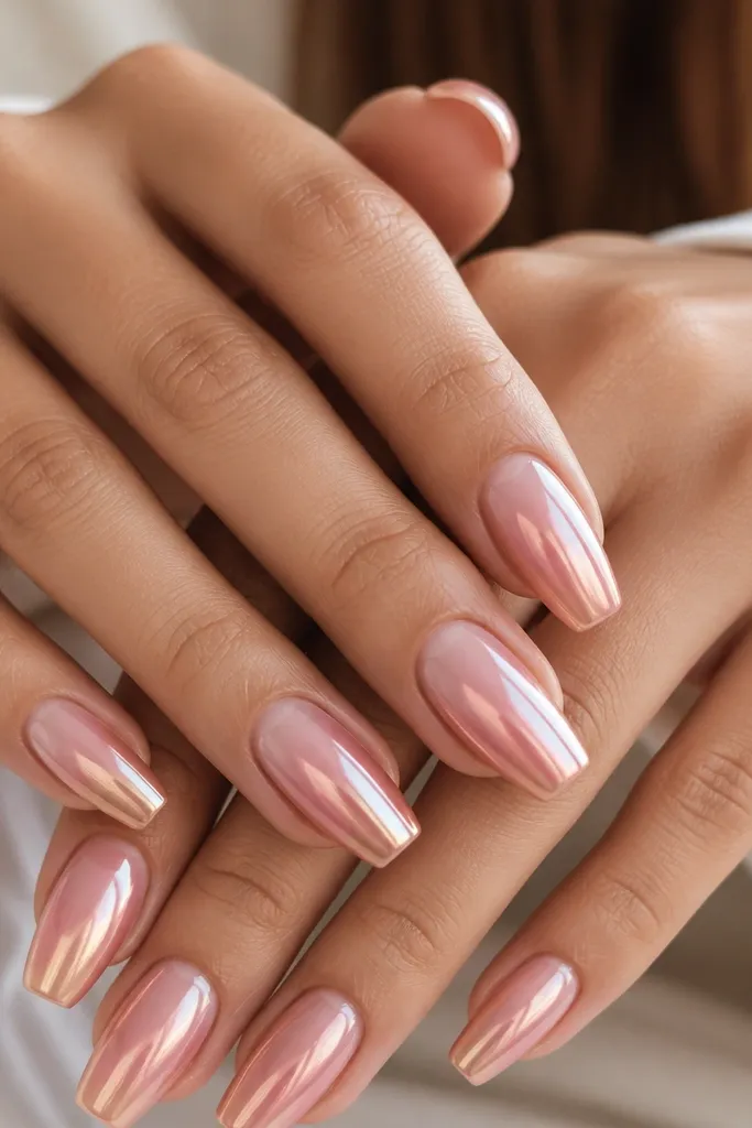 Short clear pink coffin nails with a soft chrome gradient. The tips fade into a pink-gold mirror shine while the base stays translucent and glossy.