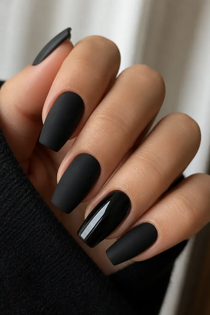 Short coffin nails painted solid black. Most nails are matte, and one accent nail is glossy black with a high shine finish.