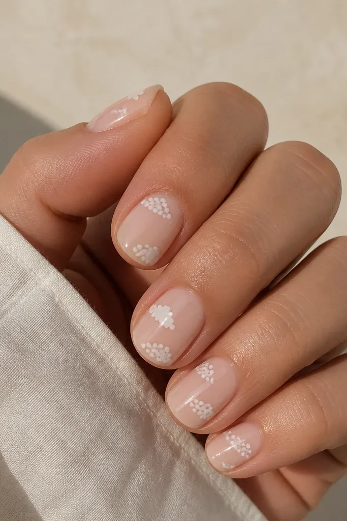 Short milky nude nails with scattered white dot clusters that look like tiny clouds. The dots overlap slightly and stay airy, with glossy finish.