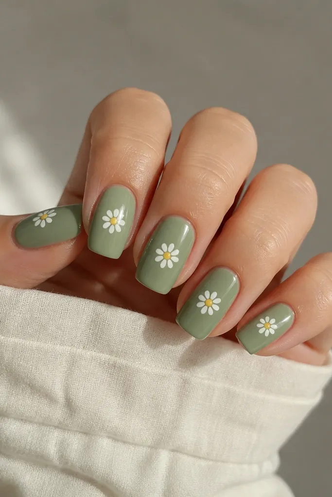 Short coffin nails in sage green. Each nail has a small daisy-like flower near the center with white petals and a tiny yellowish dot center, glossy.