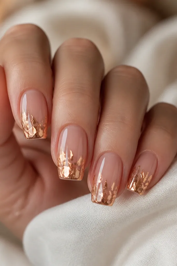Short nude acrylic coffin nails with copper foil shards concentrated near the free edge. The rest of the nail stays nude and glossy, with foil pieces angled like glass.