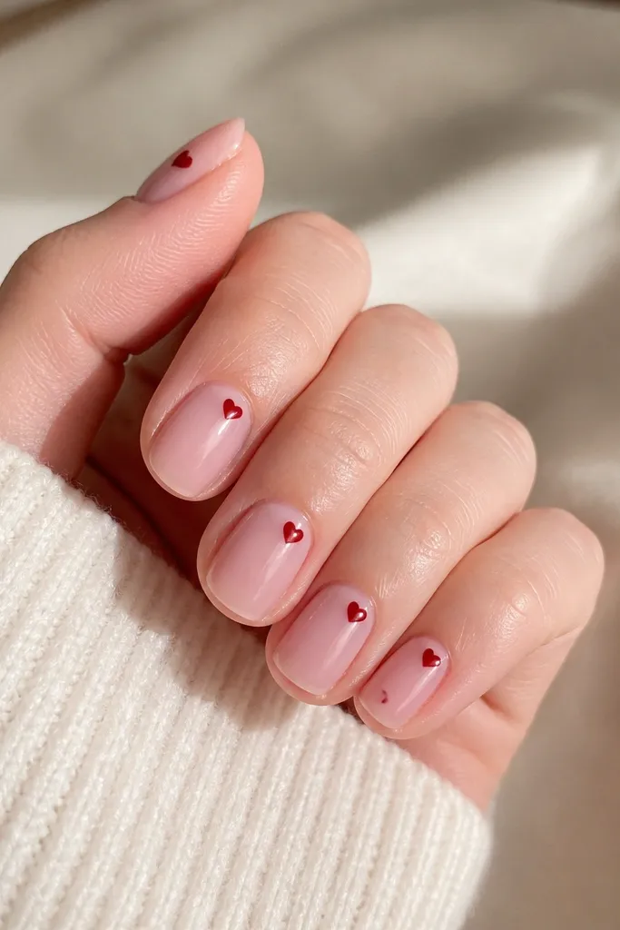 Short clear pink nails with tiny red hearts near the cuticle and on one side of the nail. The hearts are small, crisp, and glossy.