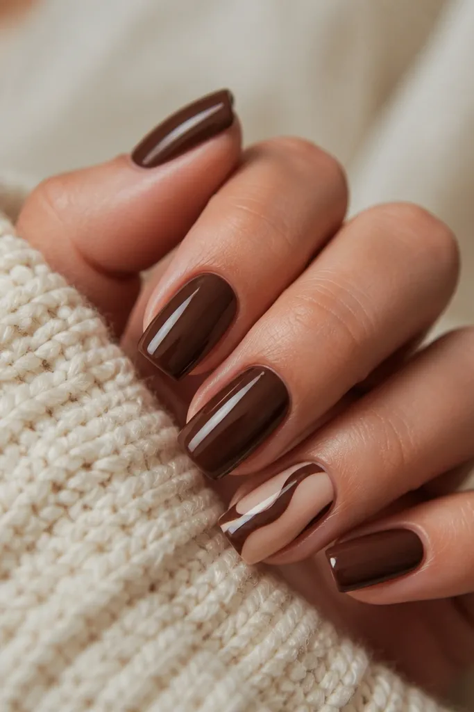 Short coffin nails in chocolate brown. One accent nail has a nude swirl painted diagonally, while the other nails stay solid brown and glossy.