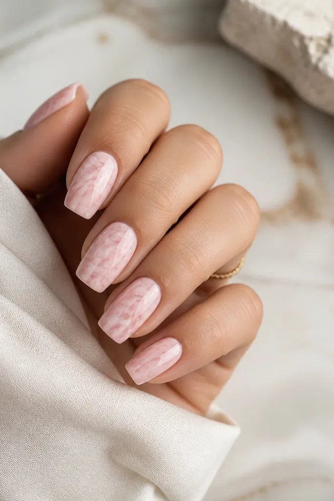 Short coffin nails with a marble pattern. The base is soft pink with thin white and slightly darker pink veins, giving a stone-like look.