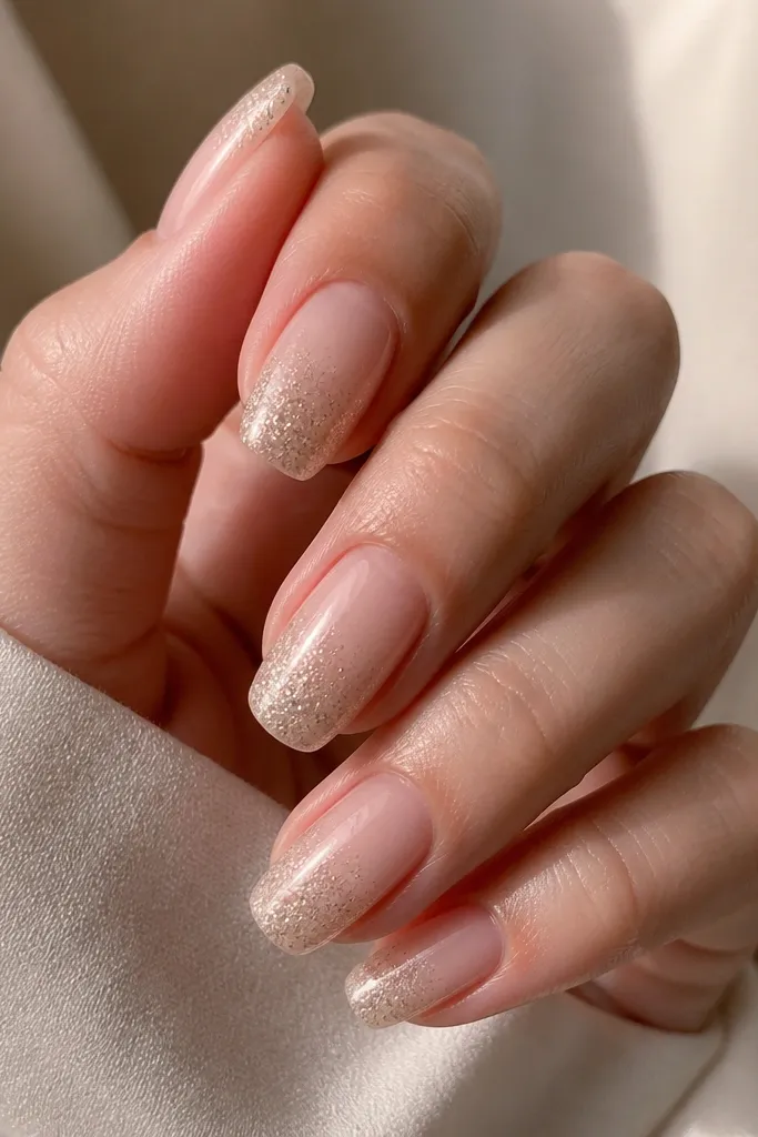Short coffin nails in champagne nude. There's a pearly micro glitter fade concentrated near the tips, fading into clear nude toward the cuticle.