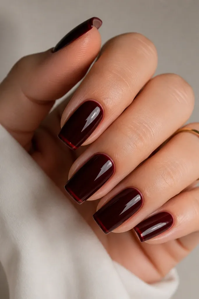 Short coffin nails in dark black-cherry red. Each nail has a thin red outline along the French tip edge, with glossy finish.