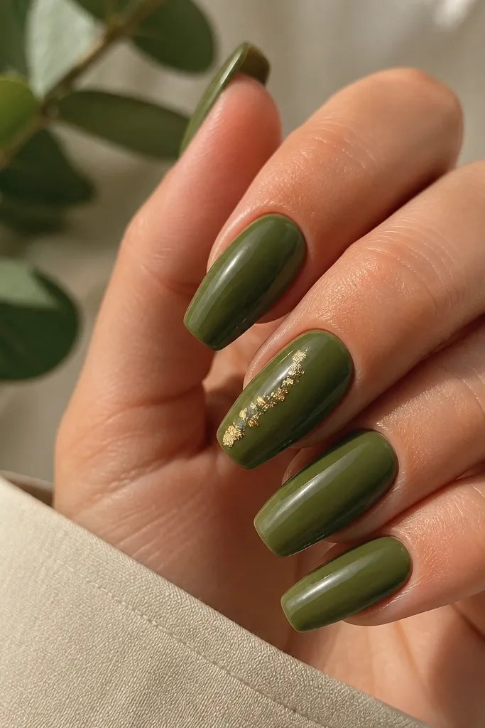Short coffin nails painted olive green. One accent nail has small gold leaf pieces placed along the side near the middle, with glossy top coat.
