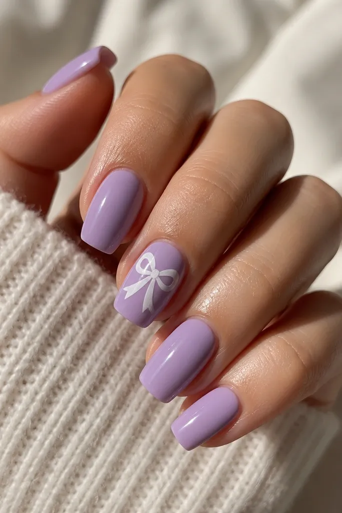 Short coffin nails in soft lavender. One nail has a white bow painted near the center; other nails are solid lavender with glossy shine.