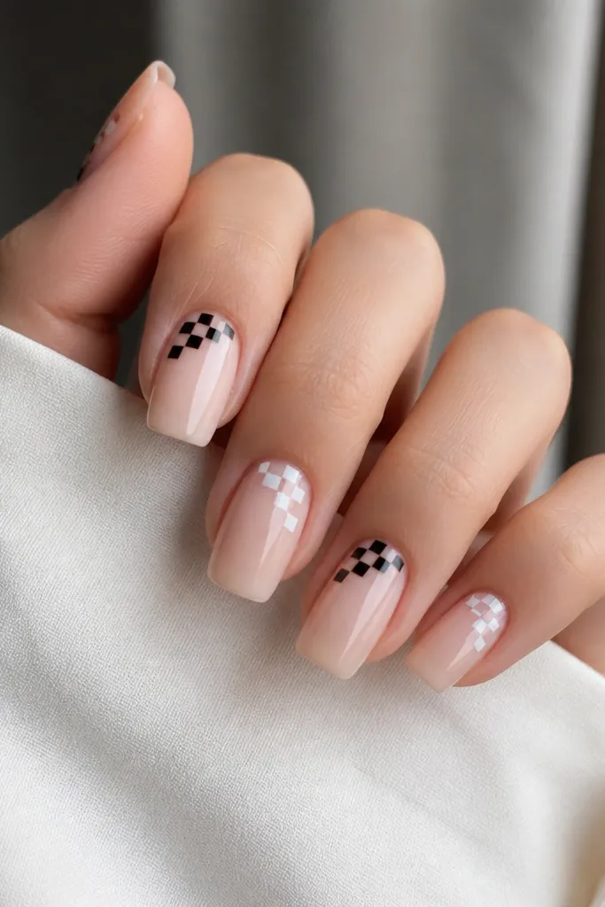 Short coffin nails on a nude base. Each nail has a checker pattern only in the top corner near the tip, alternating black and white squares.