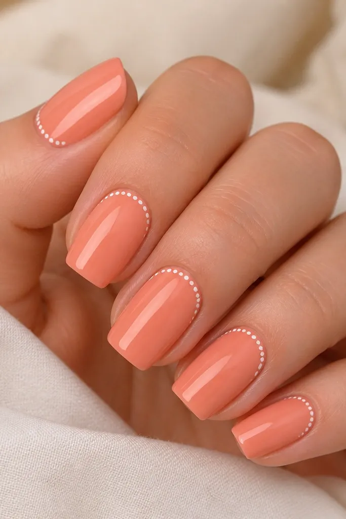 Short coffin nails in peachy coral. Around the cuticle area there's a neat row of tiny white dots forming a thin border, glossy.