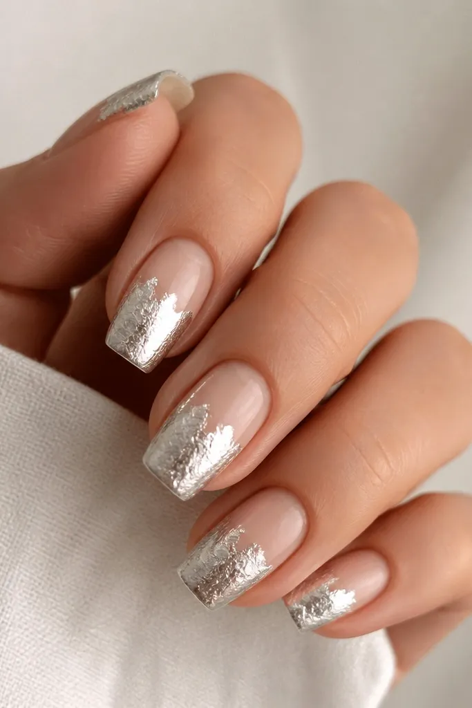 Short coffin nails on a clear nude base. The free edge has a silver foil half-tip effect, with foil covering roughly the top third of the nail.