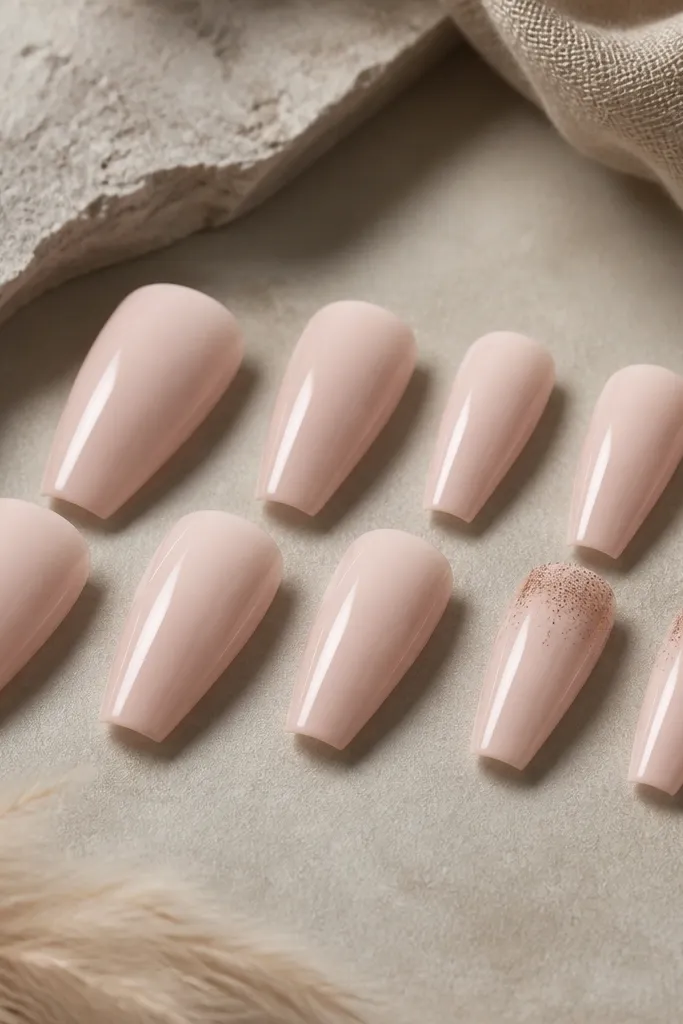 Ten coffin nails in a soft pink-beige cream color with a glossy finish; two nails have tiny caramel dust near the cuticle fading upward.