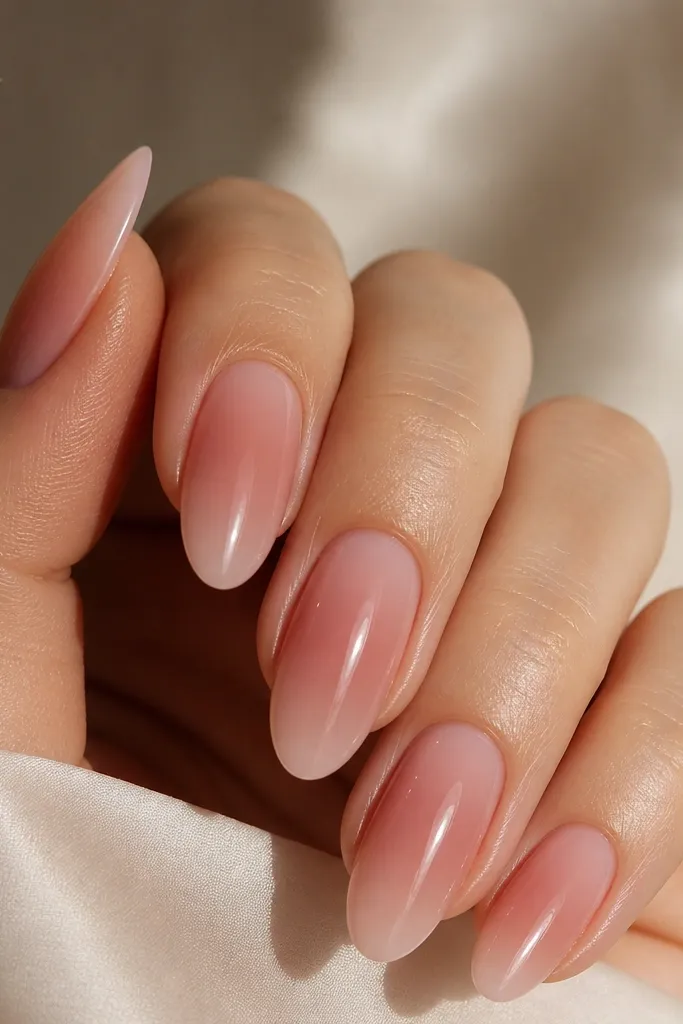 Coffin nails in dusty rose with a brightened, pearly glow only around the cuticle; glossy top coat reflects light.