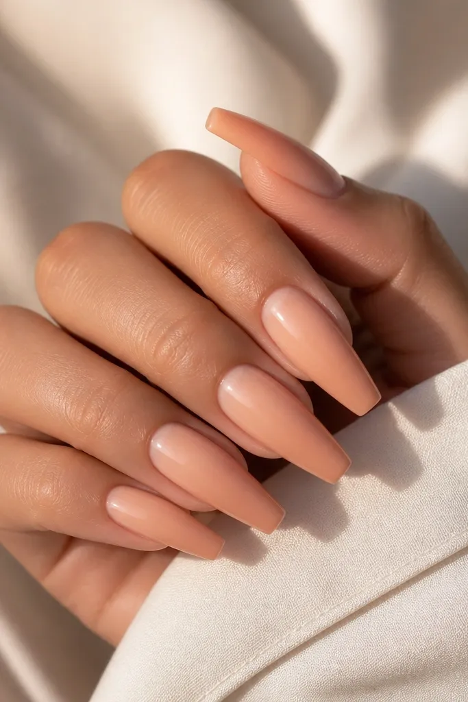 Coffin nails with a smooth ombre from peachy nude near the cuticle to warmer nude at the tips; glossy and even with no harsh line.