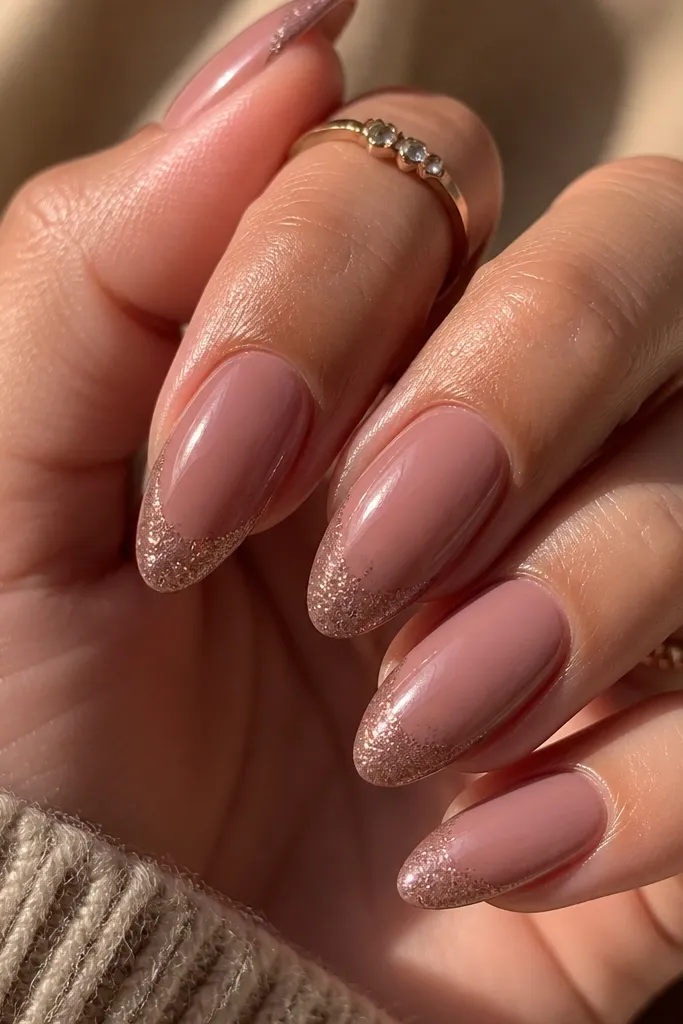 Coffin nails painted in soft pink, with micro-glitter concentrated on the free edge like a glitter tip; glossy finish.