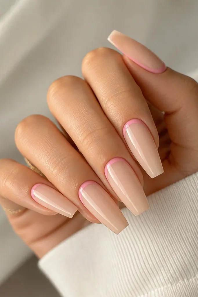 Coffin nails with a nude base and rosy pink reverse French line near the cuticle; glossy and clean lines.