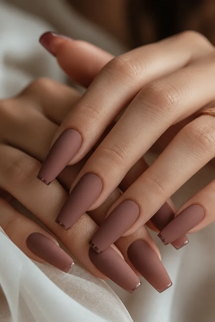Coffin nails in chocolate-rose with a soft matte velvet finish; the very tips have a glossy clear edge.