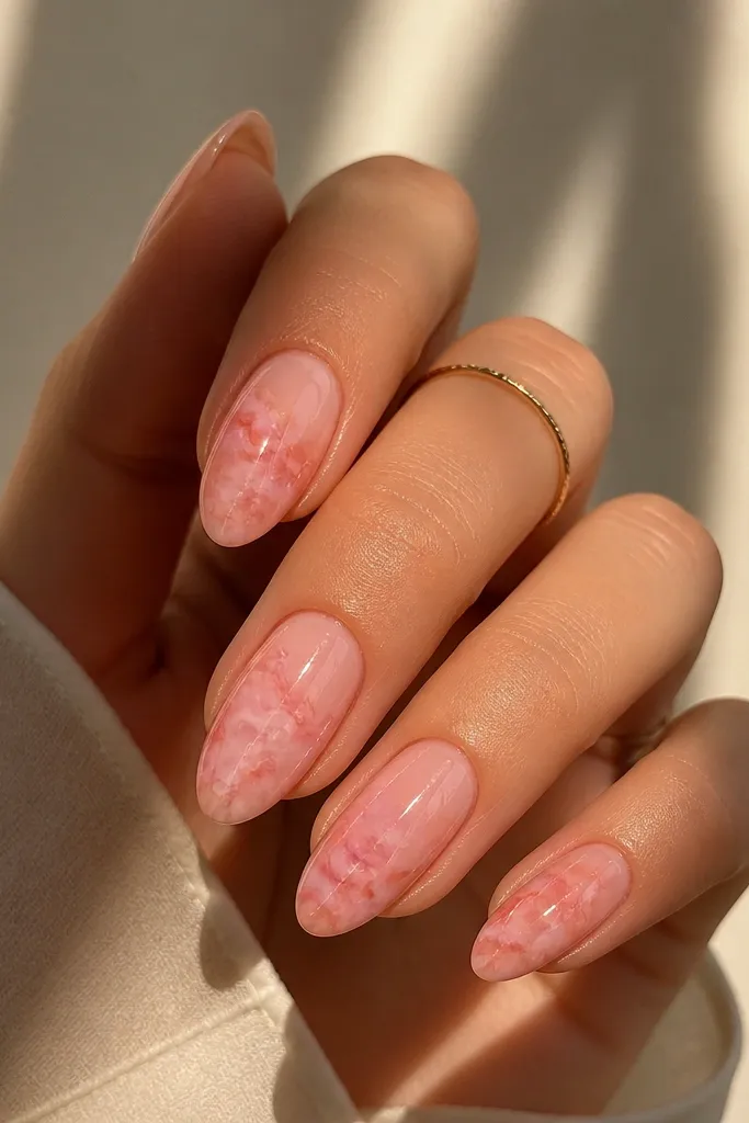 Coffin nails with a milky warm pink base and soft peach marbling lines; glossy finish with marbled movement.
