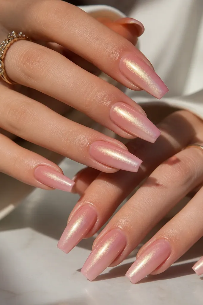 Glossy coffin nails with a soft aura effect: blush fades outward and a champagne-toned center glow.