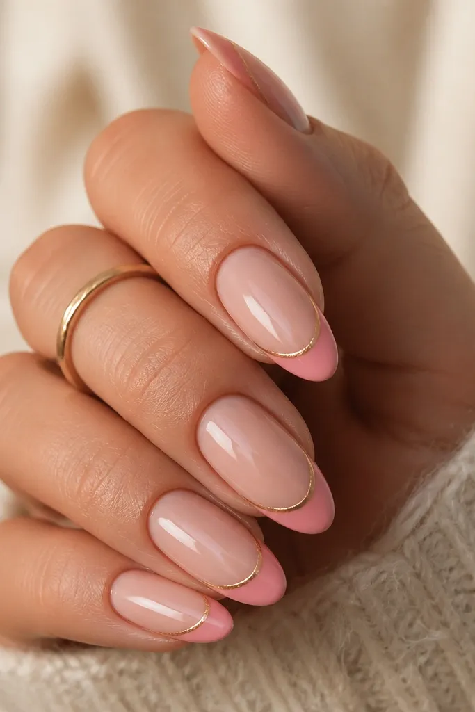 Coffin nails with a nude base, warm pink French tips, and a super thin gold line separating tip from nude; glossy.