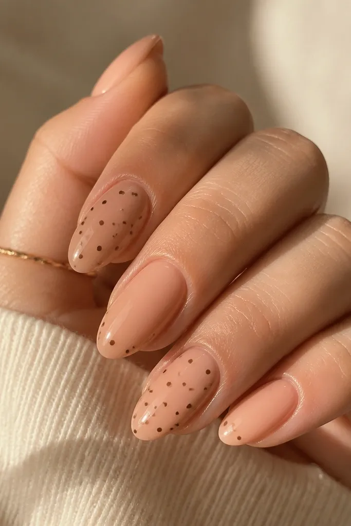 Peachy nude glossy coffin nails with scattered tiny brown dots like confetti on two accent nails.