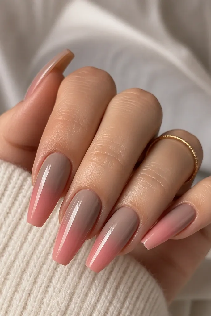 Coffin nails with a smoky gradient: warm taupe near cuticle blending into rosy pink toward the tip; glossy.