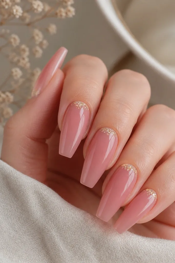 Glossy warm pink jelly coffin nails with a subtle gold fleck halo around the cuticle; flecks are fine and sparse.