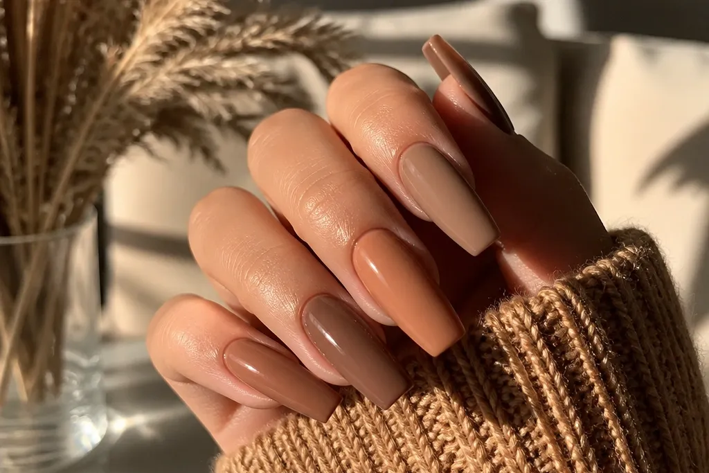 Cozy warm-toned nails acrylic coffin