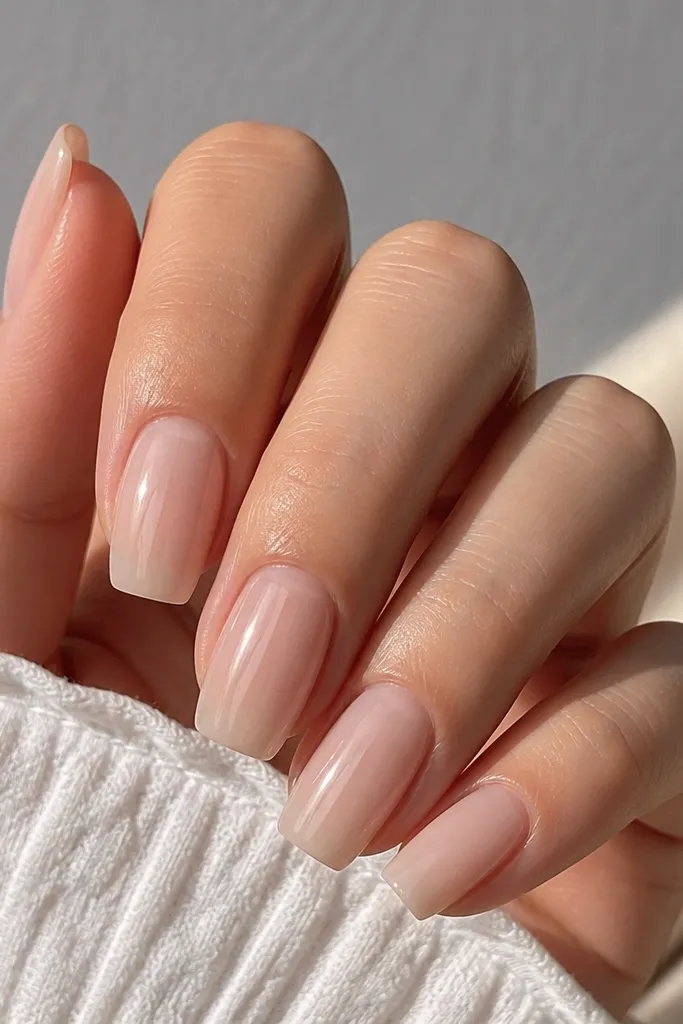 Short acrylic coffin nails in a milky nude tone with a glossy clear top layer; cuticles look clean and slightly rounded, with a natural nail bed color blend.
