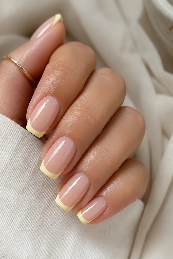 Short coffin nails with a sheer nude base and a butter-yellow French tip; the smile line is thin and curved, with a glossy finish.