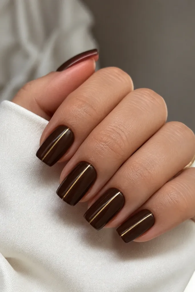 Short coffin nails in a deep chocolate brown glossy finish, with a single thin gold stripe running vertically near the center on each nail.