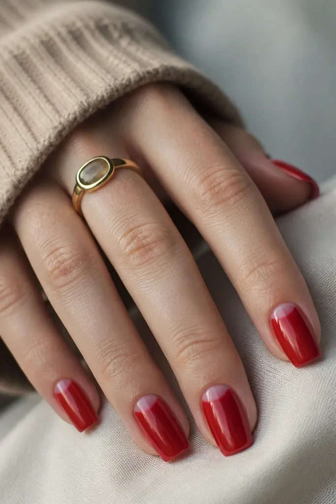 Short coffin nails painted a glossy cherry-red with a subtle lighter blush band at the cuticle, creating a soft rounded fade effect.